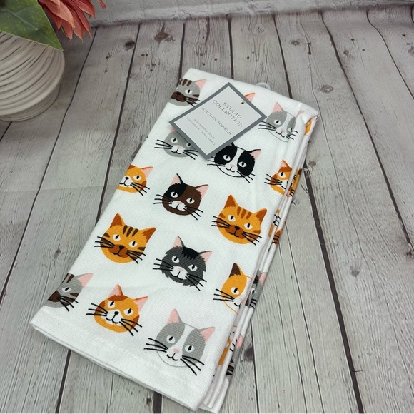 NWT studio collection kitchen towel set cotton blend graphic Cat print 2pc - Picture 1 of 6